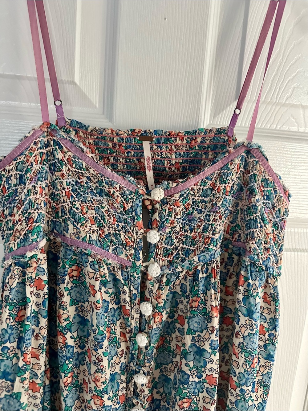 Free People Teal and Pink Floral Midi Dress with Button Front - Picture 3 of 13